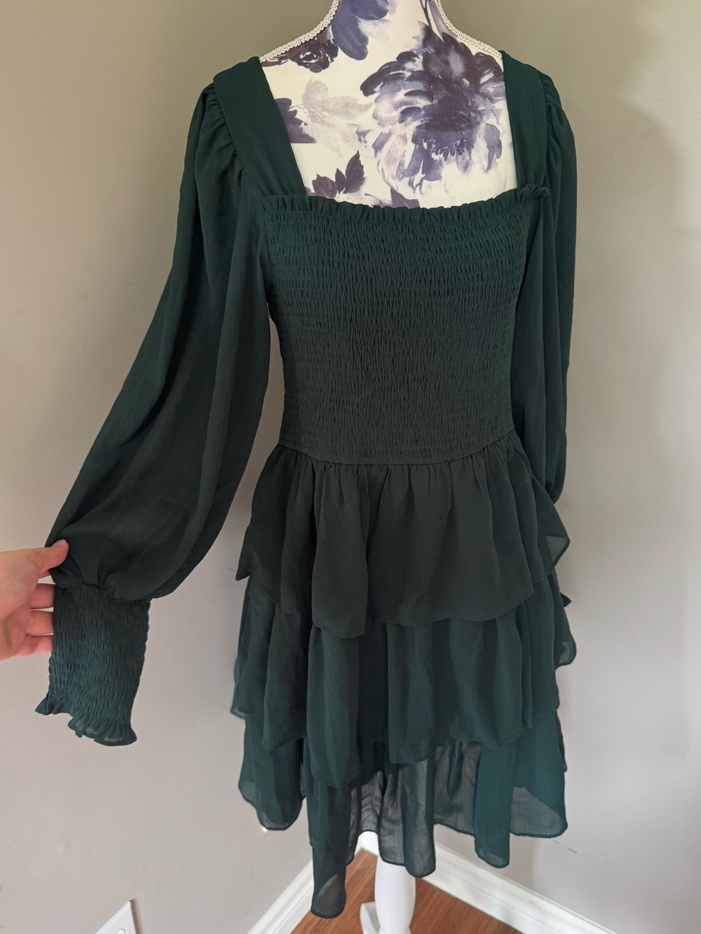 Smocked Tiered Long-Sleeve Dress in Dark Green
